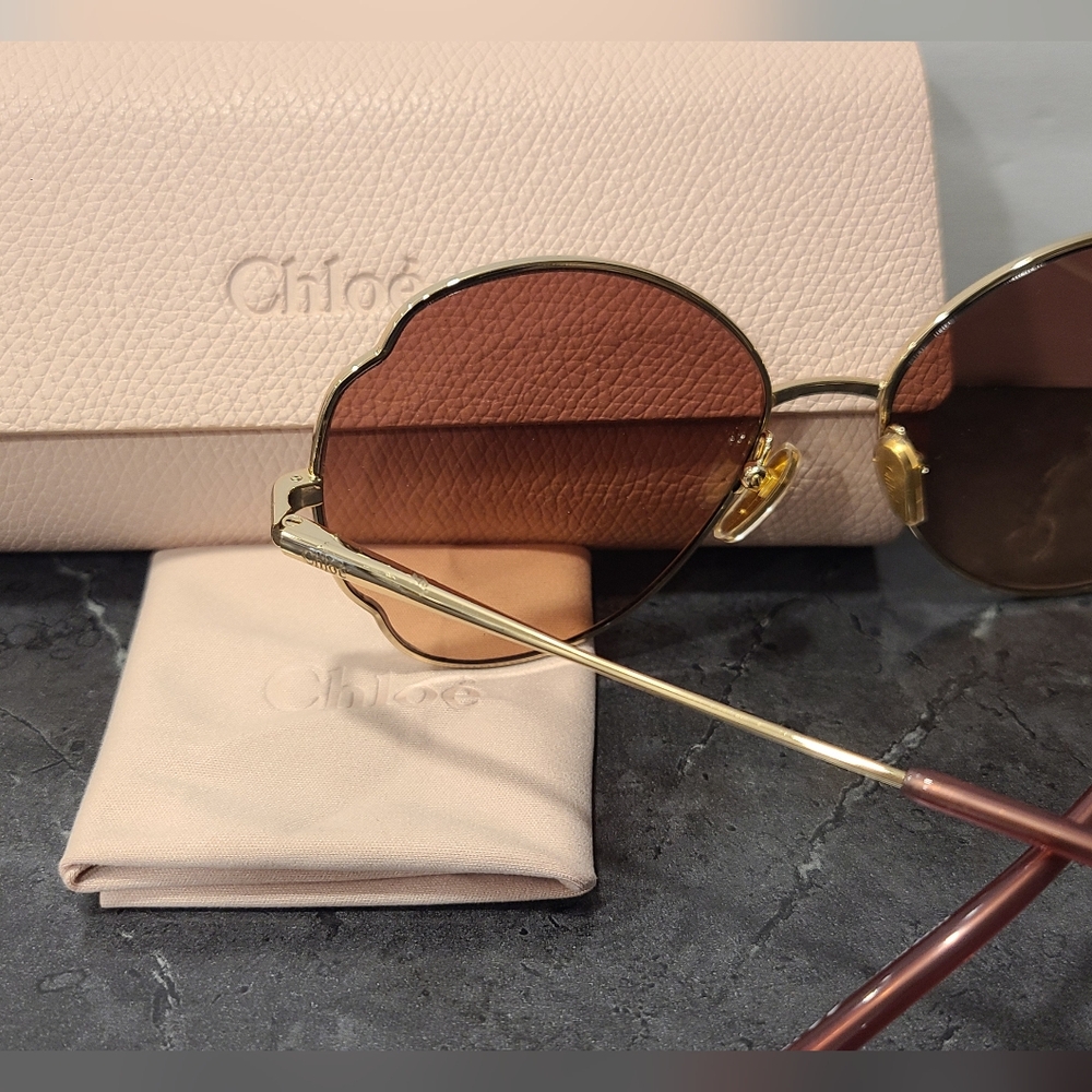 Chloé Gold Butterly Frame Sunglasses with Gradient Brown Lenses - Picture 3 of 5